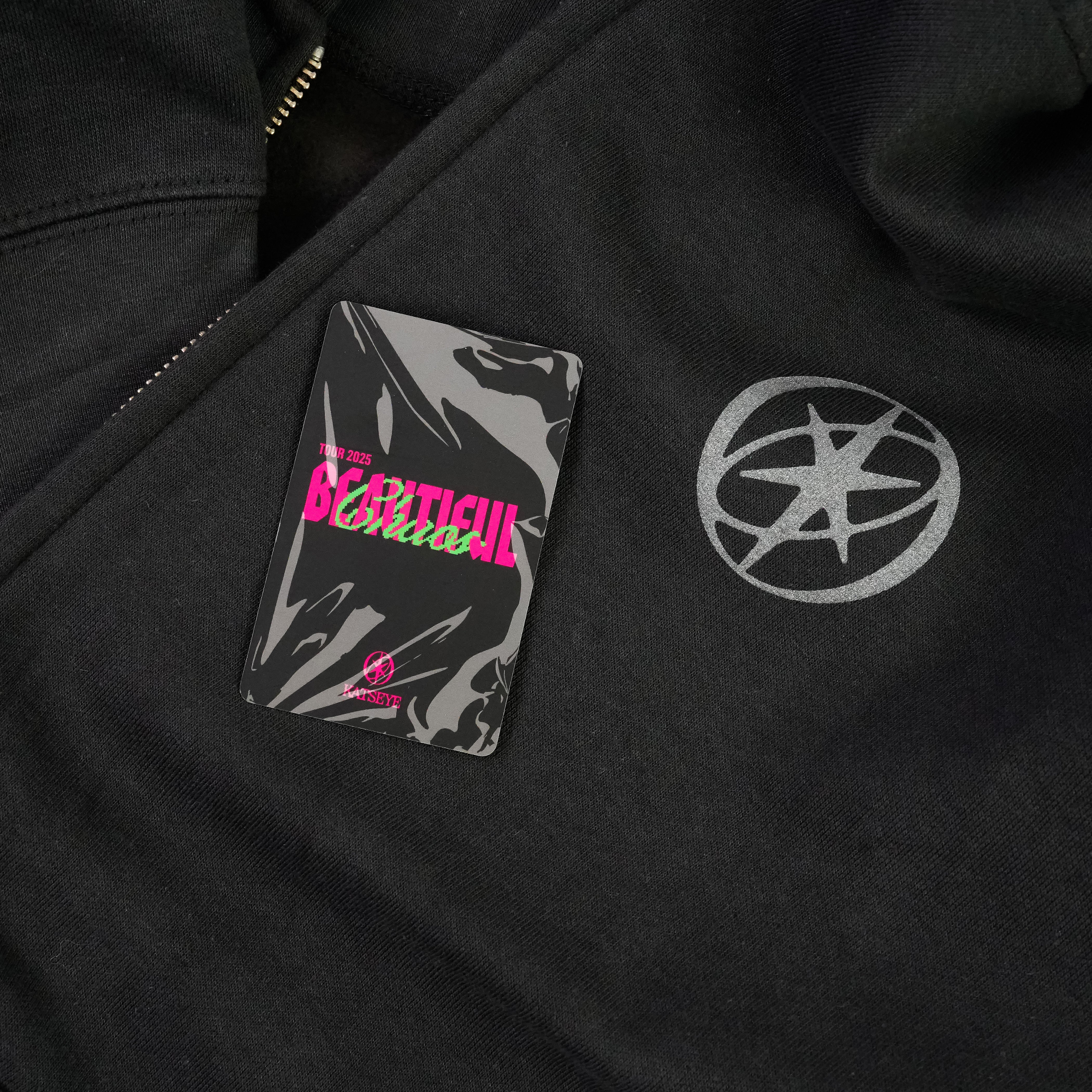 BEAUTIFUL CHAOS Zip-Up Hoodie Detail and Card